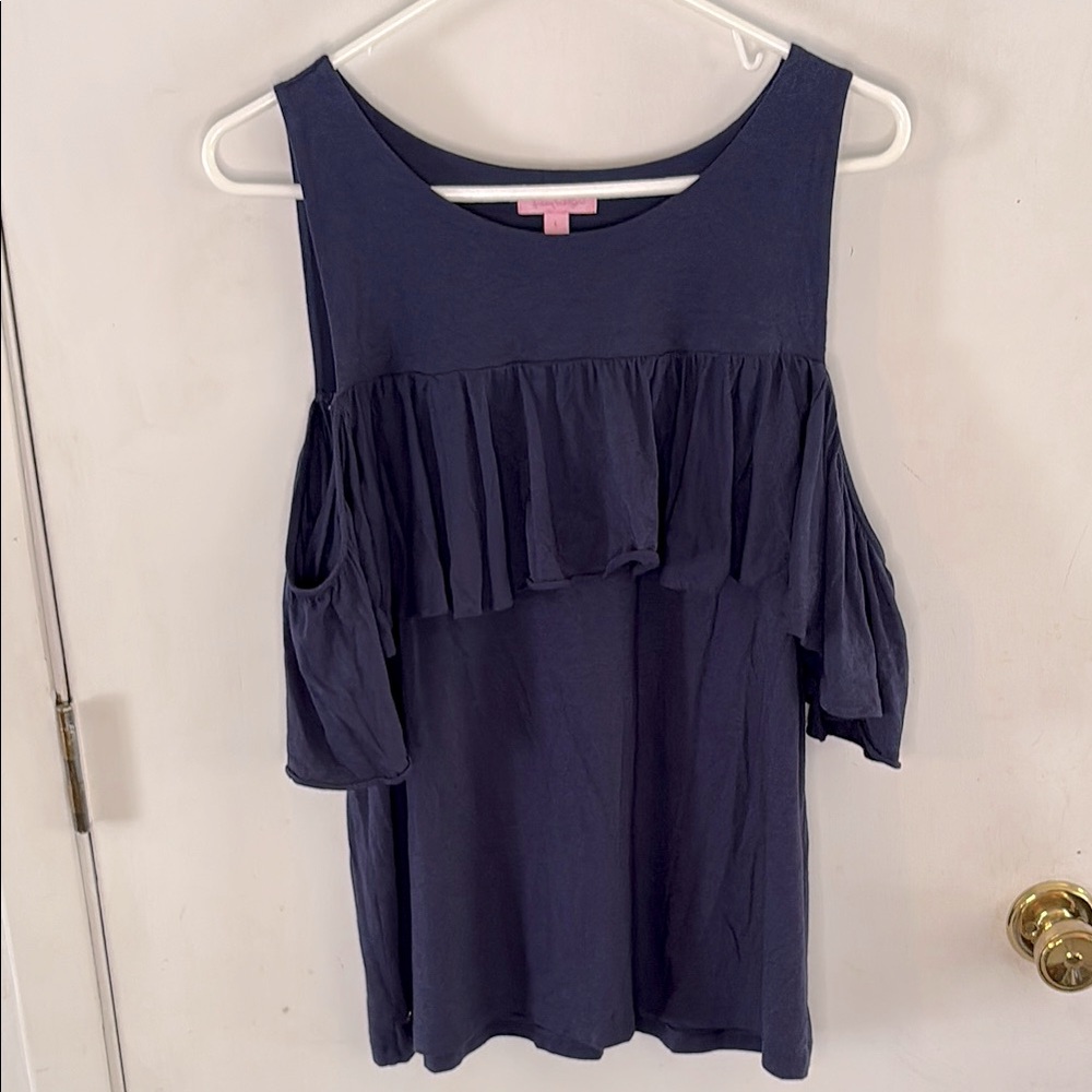 Lilly Pulitzer navy cold shoulder knit top with large chest ruffle Size Large